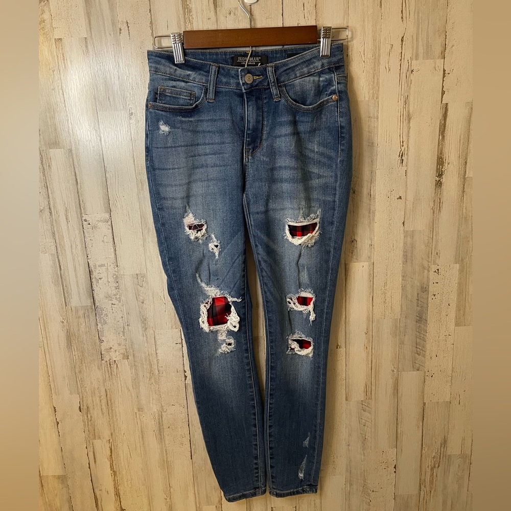Women’s Judy Blue Buffalo Plaid Patch Skinny Fit Jeans Size 1/25